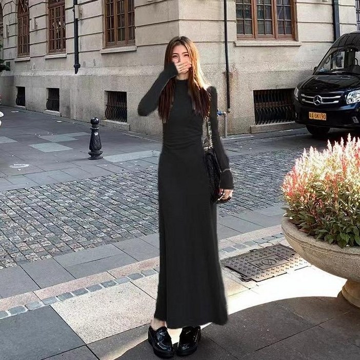 Skyciky 가을겨울 여성 하이넥 셔링 슬림핏 머메이드 A라인 롱 이너 원피스 HH1559