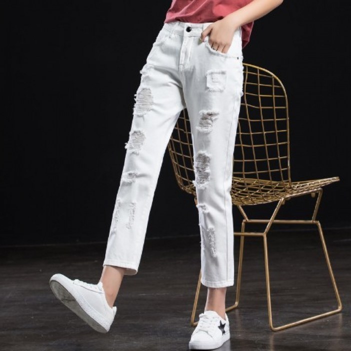 쁘띠꼬모 여성용 스크래치 헤짐 일자 데님 팬츠 H4120906