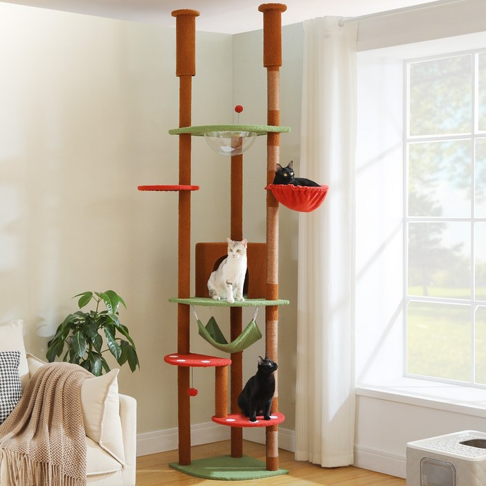 PAWZ Road 6단 대형 플러시 패브릭 캣폴,천장 고정형 트윈 기둥 높이 조절 캣타워 236CM-258CM,스크래쳐 기둥+숨숨집+해먹