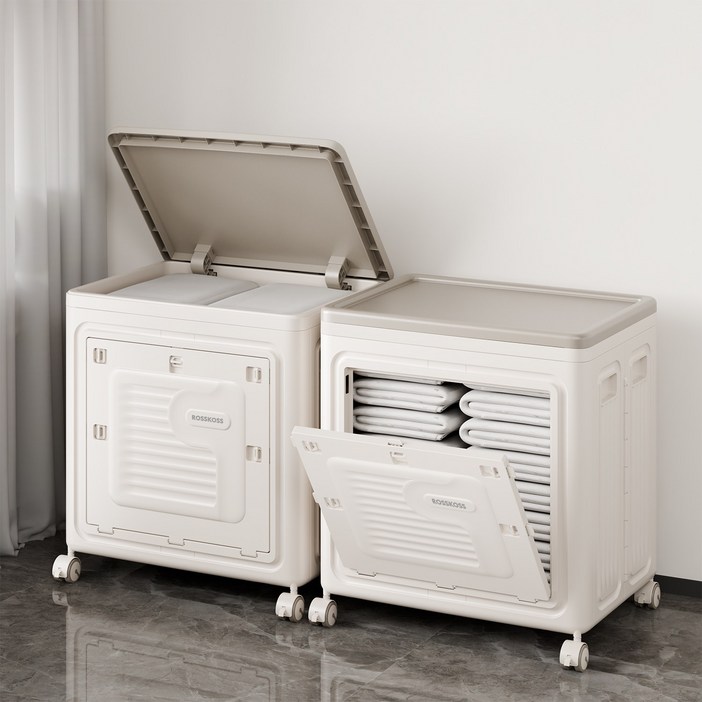 ROSSKOSS 대용량 폴딩 리빙박스 대형 접이식 수납함 옷정리 360도 이동식 이불 정리함, 1개, 화이트