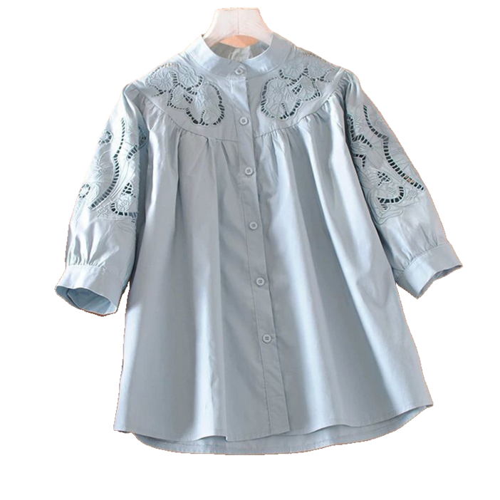 여성용 스탠드 칼라 자수 7부 소매 셔츠 썸머 레저 루즈핏 펀칭 벌룬 소매 남방 뉴타임즈 04CW0703