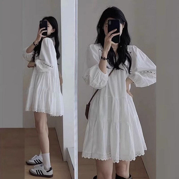 여성  레이스 프렌치  펀칭 긴팔 원피스