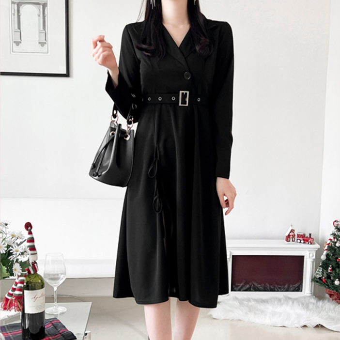 아이루리 블랙 트렌치 트임 원피스 모던 시크 트렌디 벨트 포인트 하객룩 브이넥 클래식