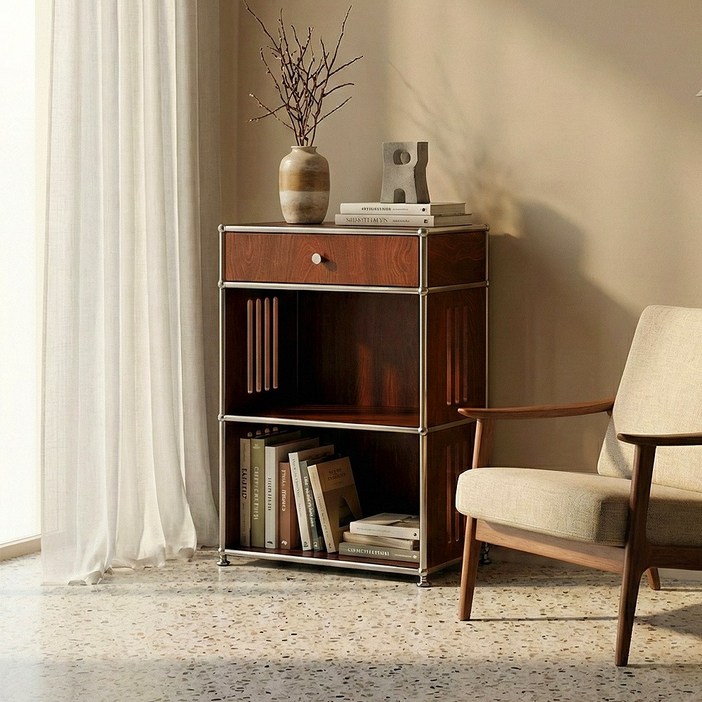 에프룸 미드센츄리 타공 디자인 모듈선반 서랍 홈카페 거실 수납장 NF310 2x2, 3단, 자작 원목