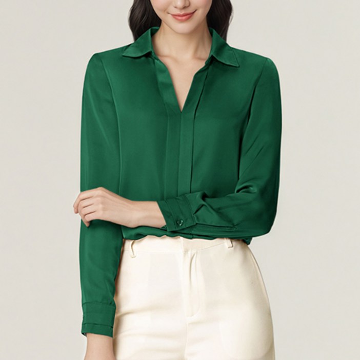 cheibear 여성용 새틴 V넥 긴팔 블라우스 비즈니스 캐주얼