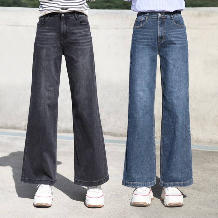 동대문스타일 여자 융본딩 와이드 기모청바지 워싱 스판 데님 여성 겨울 데님 통바지 투컬러 보온팬츠