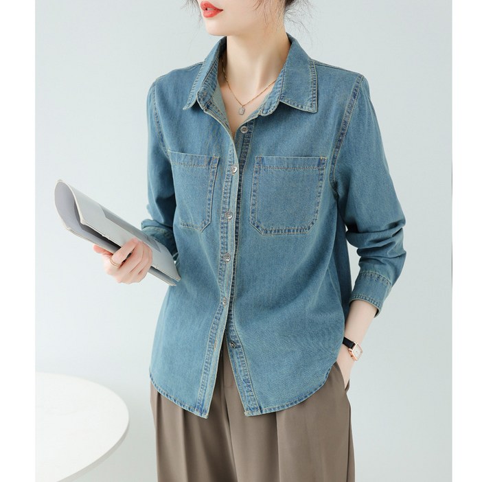 POMTOR 여성 코튼 데님 셔츠 블루 워싱 긴팔 봄가을 데일리룩