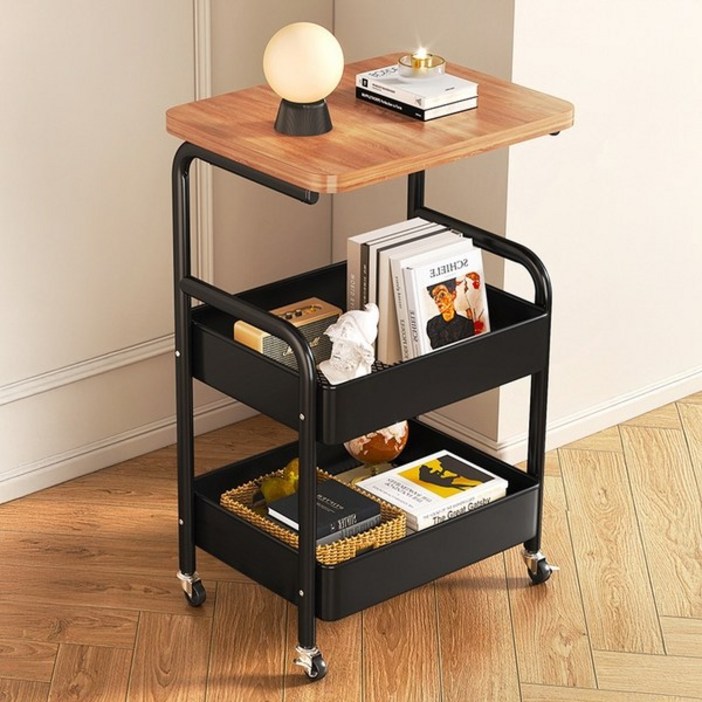 FOOI 바퀴달린 이동식 철재 3단 트롤리 가정용 선반 진열장 360도 회전 5시전 당일발송, 원목 블랙