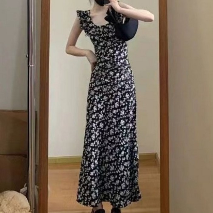 안녕릴리 여성 블랙 앤 화이트 플로럴 롱 원피스