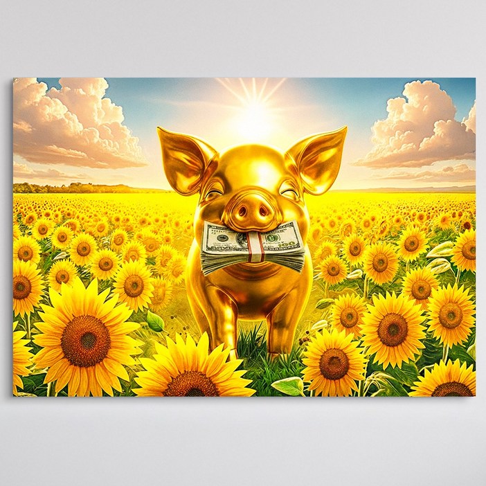 [인메이블] 돈들어오는 해바라기 밭 부자 아기돼지 5종 그림 풍수 개업 선물 인테리어 그림 캔버스 액자 거실 현관 복도 인테리어 재물운 벽 인테리어, 02.해바라기 밭 부자 황금아기돼지