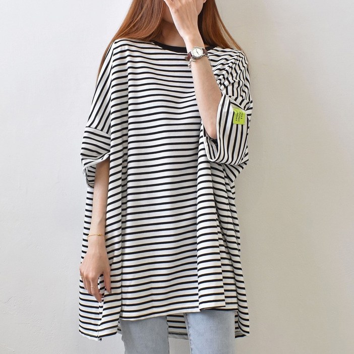 마이제이컴퍼니 박시한 오버핏 스트라이프 반팔 티셔츠