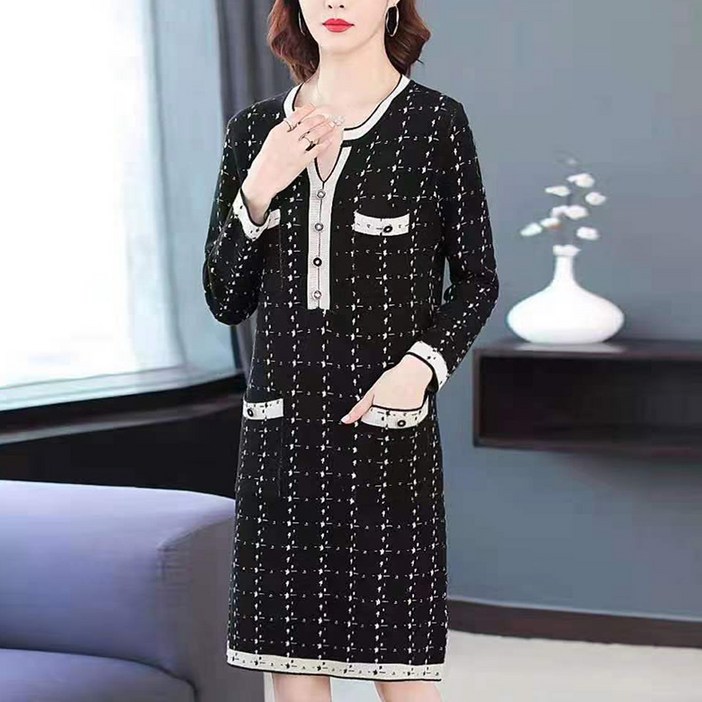 POMTOR 가을겨울 중년여성 캐주얼 빅사이즈 브이넥 긴팔 이너 니트 원피스