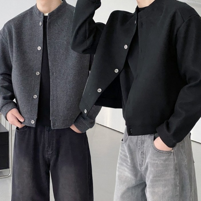 남녀공용 트랜디 미니멀 숏카라넥 크롭핏 자켓 가디건