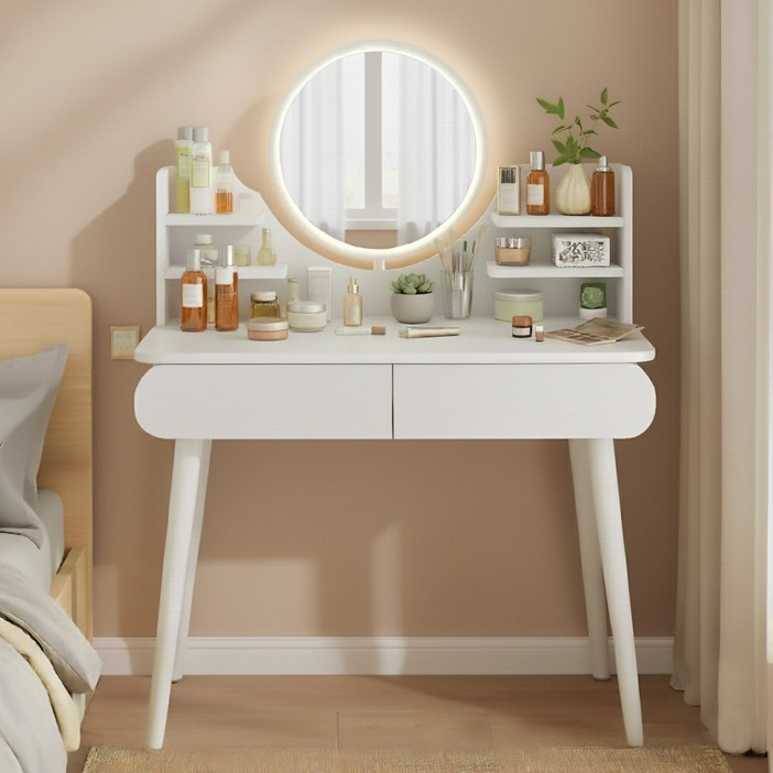 아르디스 원형 서랍 거울 수납 화장대 800, 화이트화이트