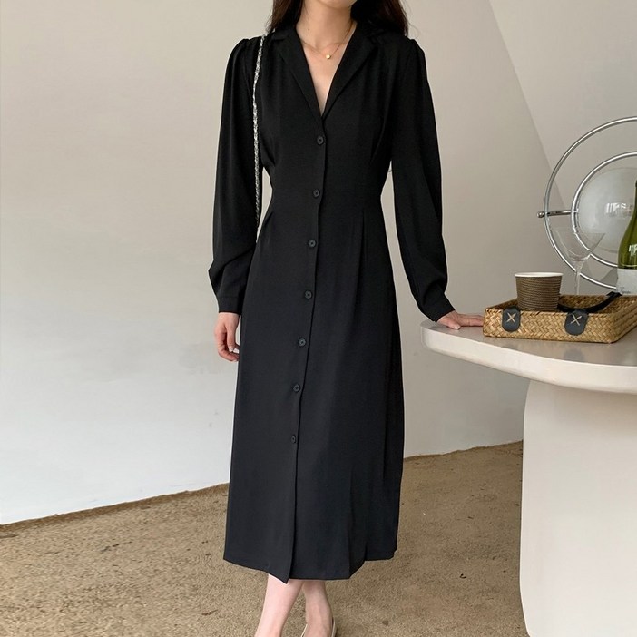 카라넥 롱 원피스 퍼프 여성 긴팔 정장 하객룩 원피스9625