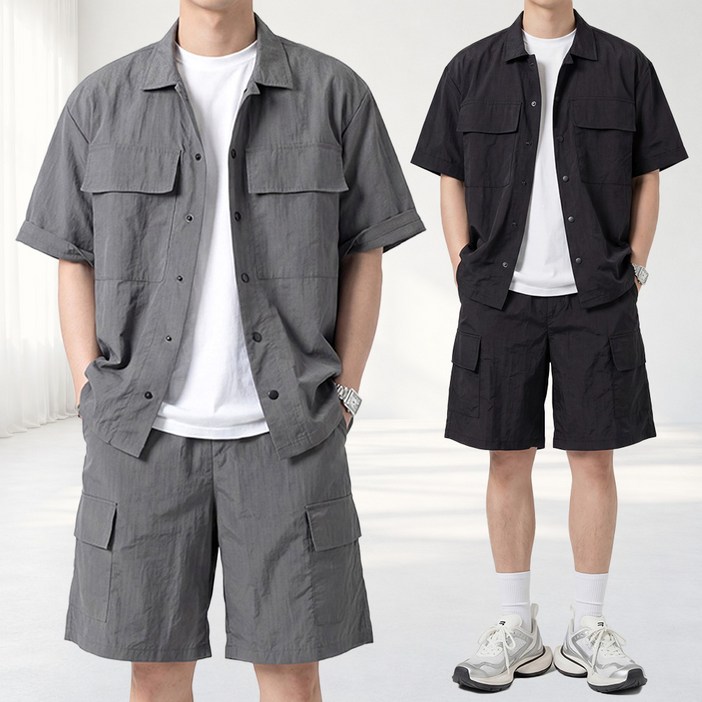 남자 여름 반팔 셔츠 카고 반바지 밴딩 셋업 세트