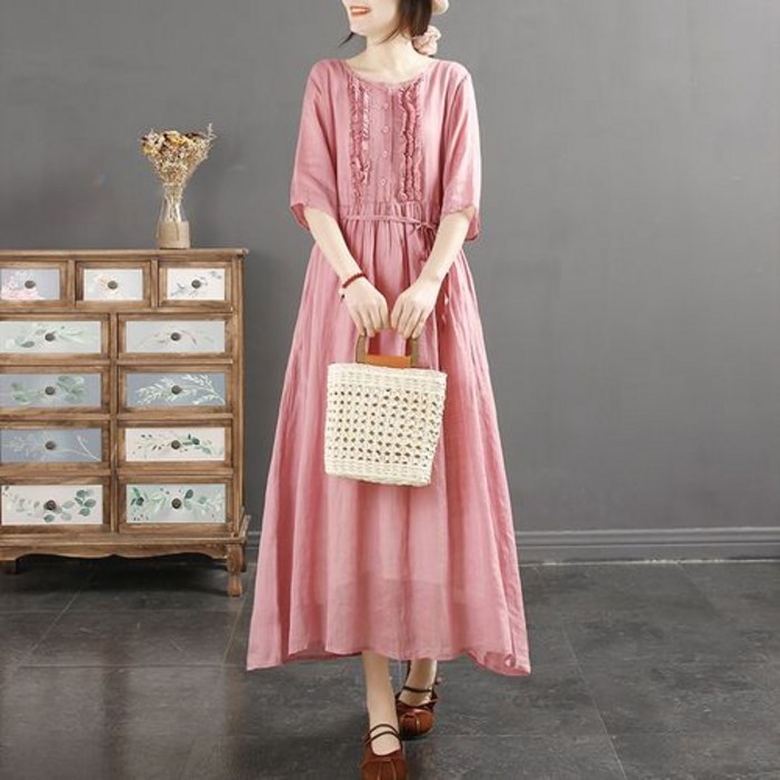 ZENCY 젠시 프릴 단추 7부소매 롱원피스