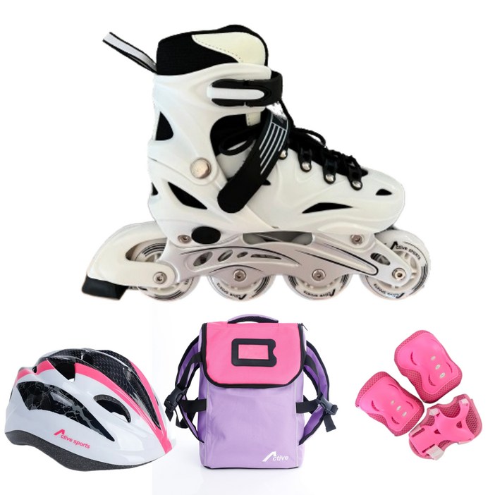 [인라인세트] 사이즈 조절형 아동용 발광바퀴 인라인 스케이트+헬멧+보호대+가방, 솔리드화이트+핑크, 1개