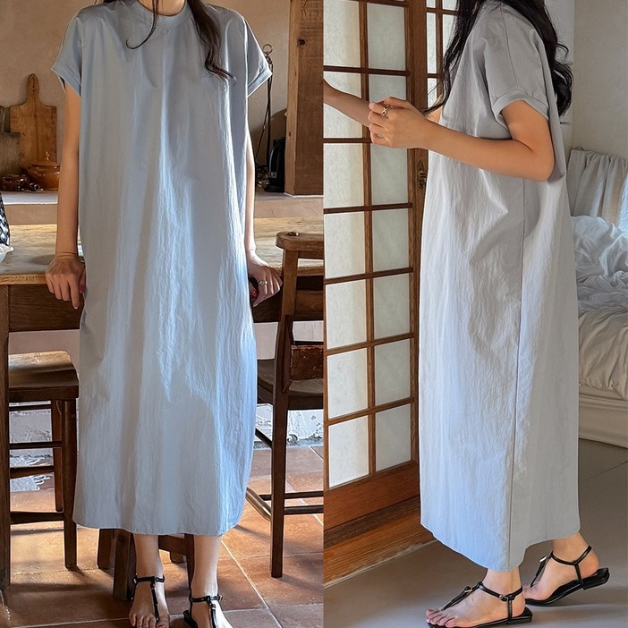 퍼니걸스 8780 루즈핏 라운드 나일론 바스락 반팔 롱 원피스 여성의류