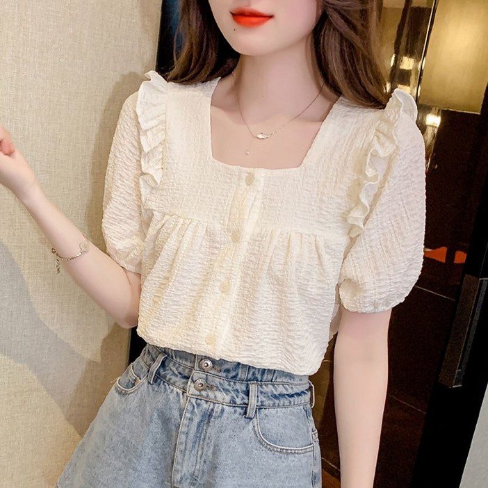 Ethel 여성용 여름  반팔 셔링 블라우스 스퀘어넥