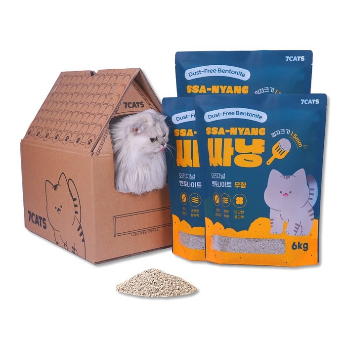 먼지없는 7CATS 싸냥 프리미엄 벤토나이트 고양이모래 무향 6kg x 3개 + 숨숨집 패키지, 18kg, 1세트, 무향