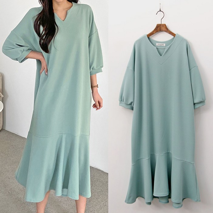 러브포텐 여성 7부소매 빅사이즈 롱원피스 슬릿 넥 셔링원피스 브이넥 루즈핏홈웨어 원피스드레스