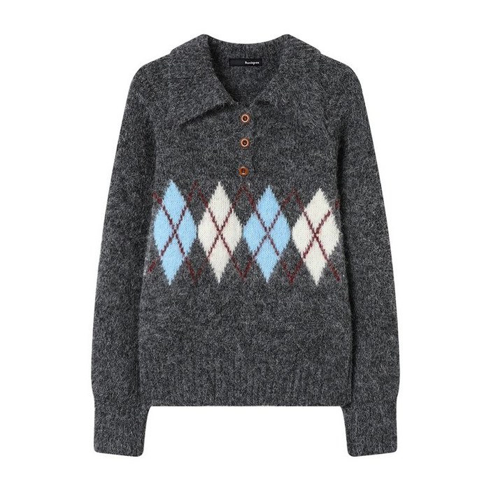 보니스팍스 반버튼 카라 아가일 패턴 긴팔 니트 XP4KT017L0