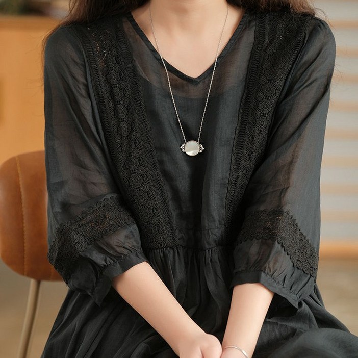 칠부 소매 원피스 여성허리 조임 단색 캐주얼 롱스커트