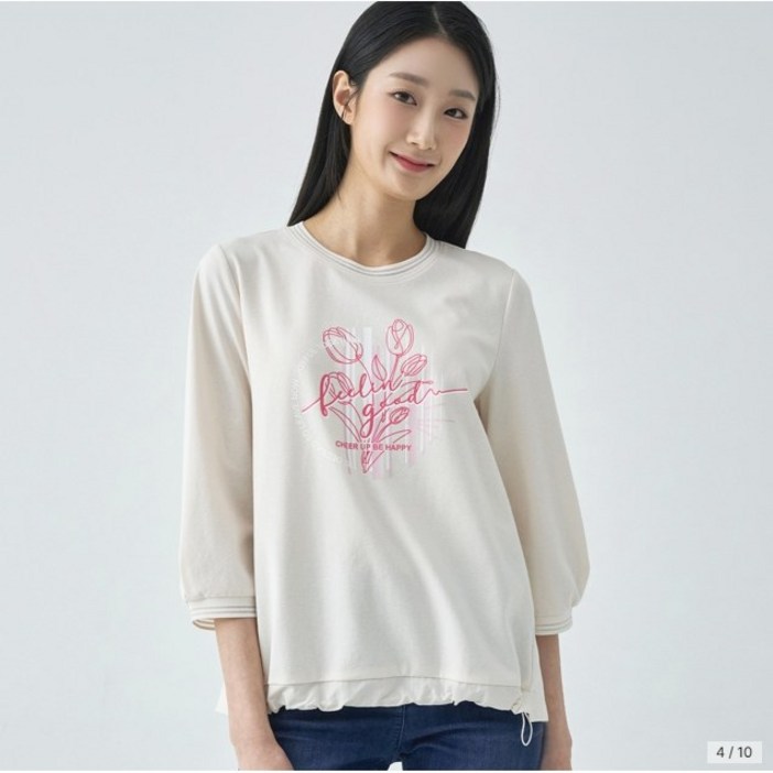 지센 파격할인 여성 앞판 프린트 우븐 배색 7부티셔츠색상2종