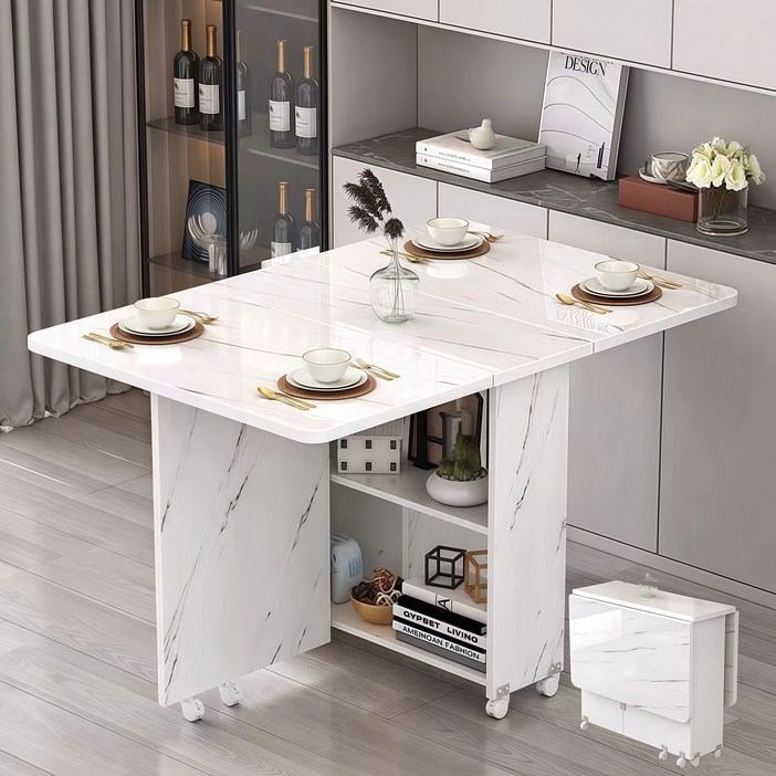 YAPOGI 가정용 다기능 확장형 수납 가능 대리석 무늬 우드 식탁 모조 세라믹식탁 접이식 식탁 수동 설치, 화이트, 4인용