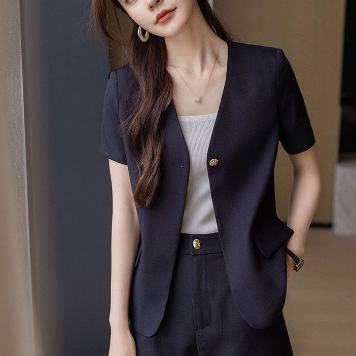 JIEVE 여성 코트 얇은 정장 코트 여름 데일리 캐주얼 반팔 노카라 정장 자켓 SL052626