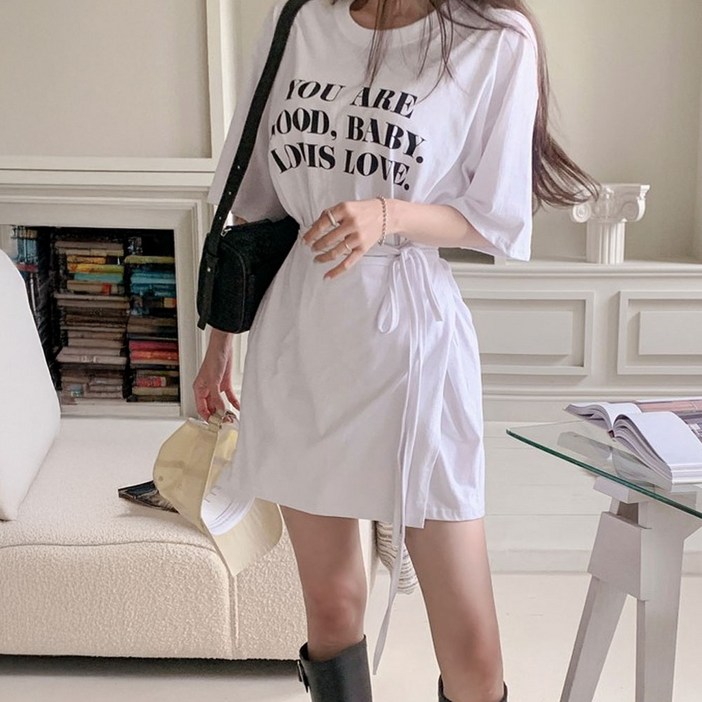 떳다그녀 루이스럽 레터링 스트랩 반팔 스트릿 롱티셔츠 루즈핏 캐주얼 데일리 코튼 랩 미니 원피스