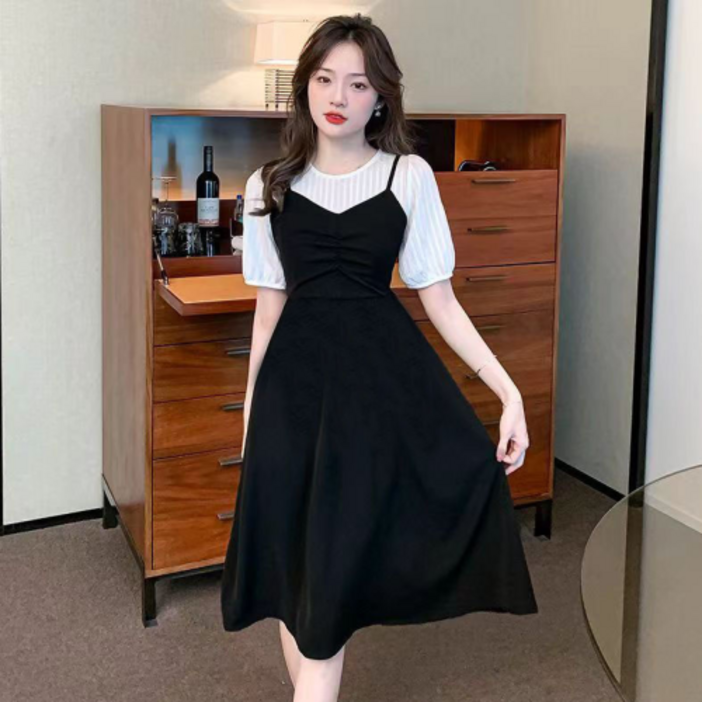 네디아 미디 원피스 페이크 투피스 반팔 화이트 블랙 빅사이즈까지