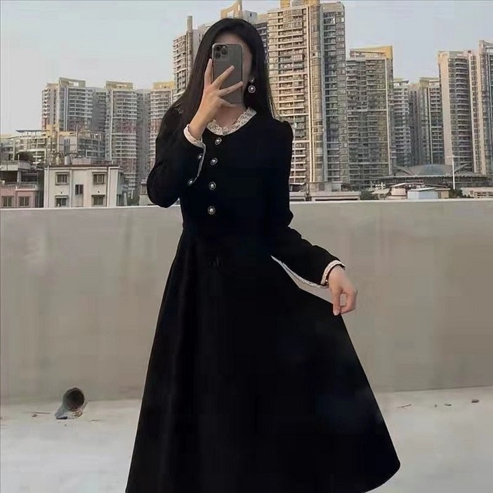 슬림소녀 여성 봄가을 브이넥 레이스장식 슬림 미디 원피스 빅사이즈 심플 편한 스커트 40100KG