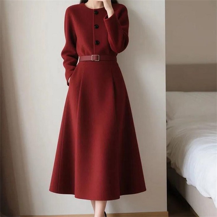 AOKADA 여성 봄 가을 라운드넥 허리 벨트 A라인 플레어 원피스 결혼식 하객룩