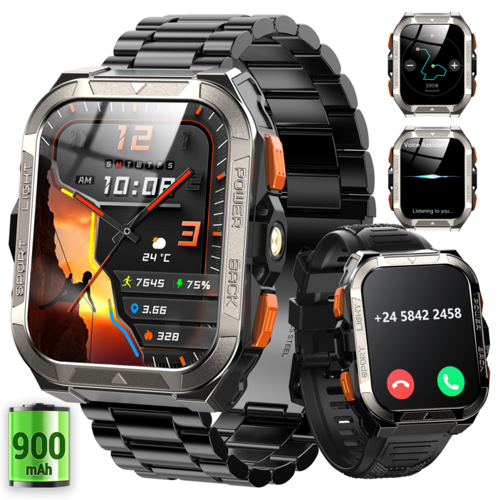 IOWODO W80 Pro 아웃도어 GPS 스마트워치 메탈 스트랩 1.91인치 대형 디스플레이 블루투스 통화 나침반 2.0 LED 손전등 IP68 방수 한국어 버전, GPS  블루투스, 4.6cm, 검은색