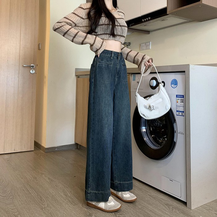 SAHINER 여성용 빈티지 가을 하이웨이스트 와이드핏 일자 데님 팬츠 LWANZ63