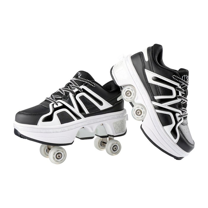 축소 가능한 롤러스케이트 성인 롤러스케이트 4륜 스케이트 밤에 빛나는 LED등 롤러스케이트, 흑백색502, 1개