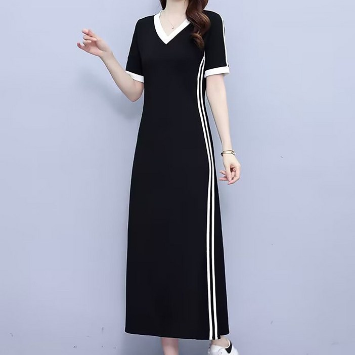 ROYALBELLE 여성 배색 롱 원피스 브이넥 반팔 빅사이즈 통 원피스 U0031927