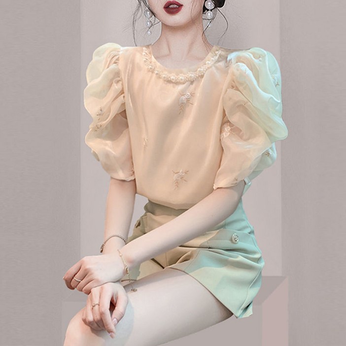 여성 여름 블라우스 쉬폰 블라우스 화려한 자수 꽃무늬 진주 장식 우아한 패션 YLP 여성 여름 블라우스 쉬폰 블라우스 화려한 자수 꽃무늬 진주 장식 우아한 패션 YLP