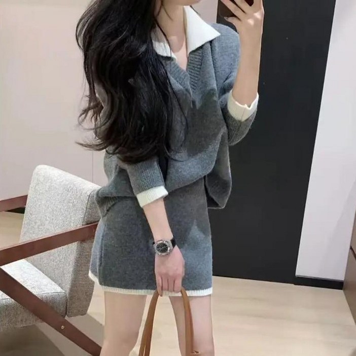 여성 투피스 세트 가을 겨울 패션 기질 니트 루즈핏 스웨터 슬림핏 스커트 슬림소녀