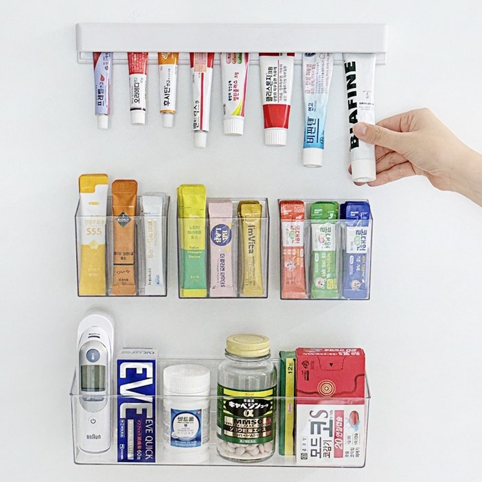 3종세트 공간절약 벽걸이 접착식 칸막이 연고 영양제 약 정리함 3 Set 칸막이형S 3개일반형L 1개 롱 튜브형 1개