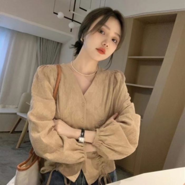 린넨 셔츠 블라우스 브이넥 퍼프 셔링 스트링 긴팔 크롭 린넨자켓