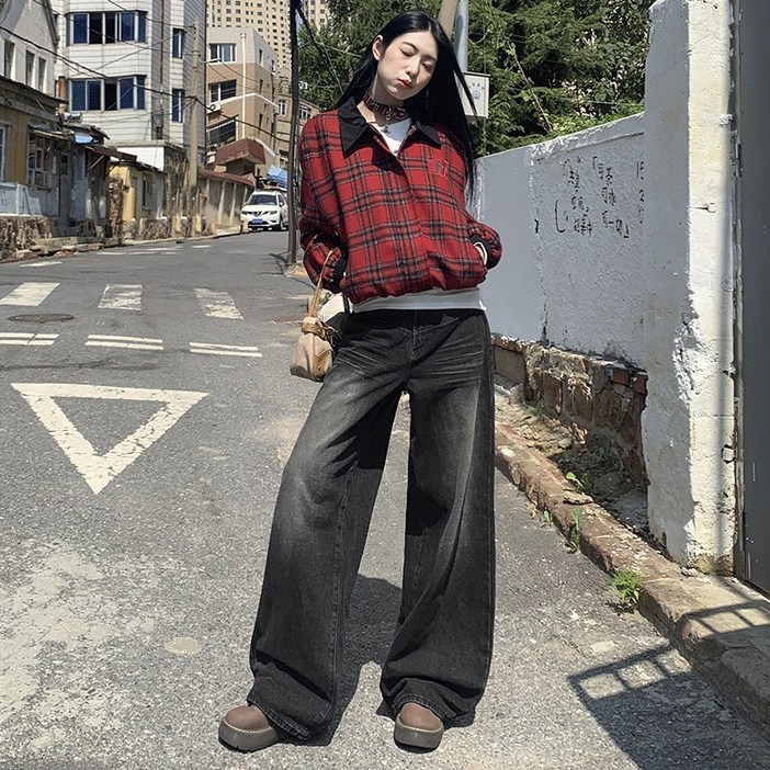 SAHINER 봄가을 여성 캐주얼 하이웨이스트 와이드 루즈핏 데님팬츠 LJANZ68