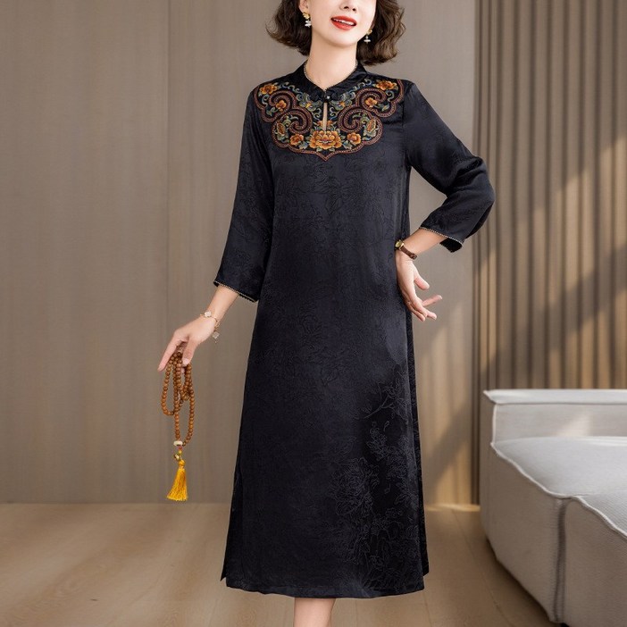 POMTOR 중년 엄마 옷 여성 원피스 봄 가을 4050대 롱 원피스