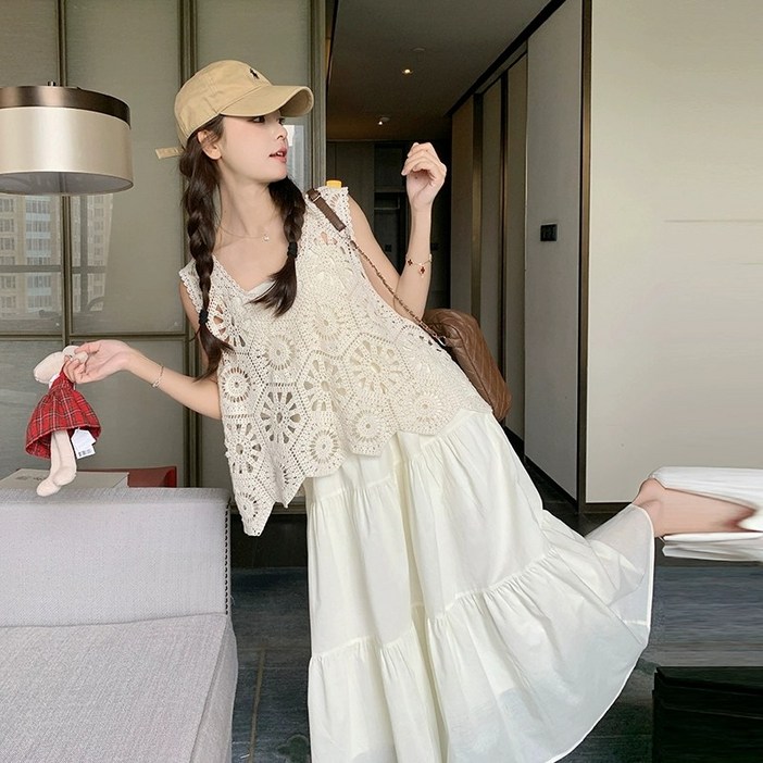 HA.M 봄여름  레이어드 베스트원피스  니트 펀칭 나시+롱 원피스