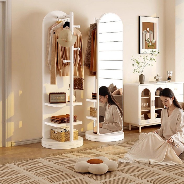 다용도 360도 스탠드형 회전 전신거울 수납 행거 원목 옷걸이, 화이트