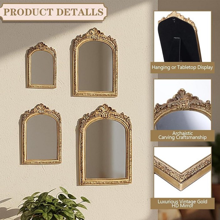 Thyle 4피스 빈티지 골드 거울 세트 아치 레트로 앤티크 레진 바로크 장식 메이크업 거울 쉴드 스퀘어 걸이식 벽 책상 테이블 탑 거실 침실 욕실 갤러리 33x22.4cm