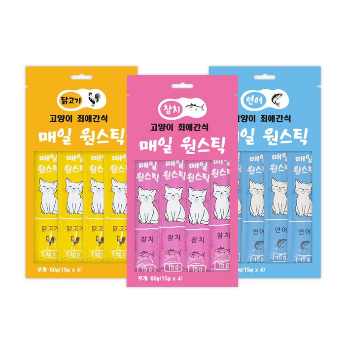 고양이 짜먹는 간식 매일 원스틱 츄르 습식간식 가성비 좋은 추르, 48개, 15g, 혼합맛닭고기연어참치