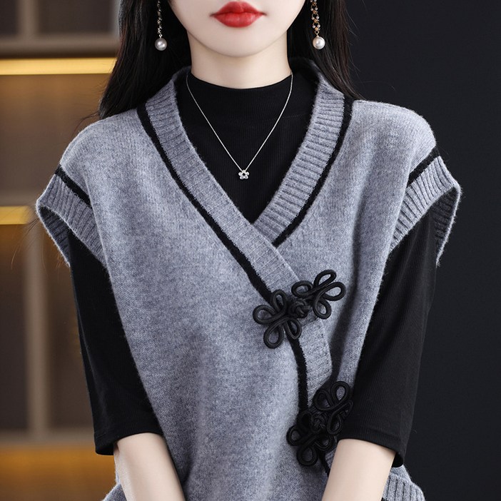 Gradle  인기폭발 여성 니트 베스트 중년여성 봄가을 신상 브이넥 레이어드 디자인 니트 조끼 심플한 스타일 패션 간절기니트조끼